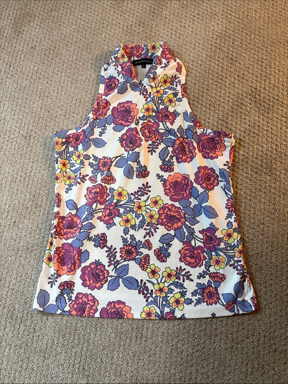 Swannies Floral Sleeveless Polo Tank - White with Pink & Purple Flowers